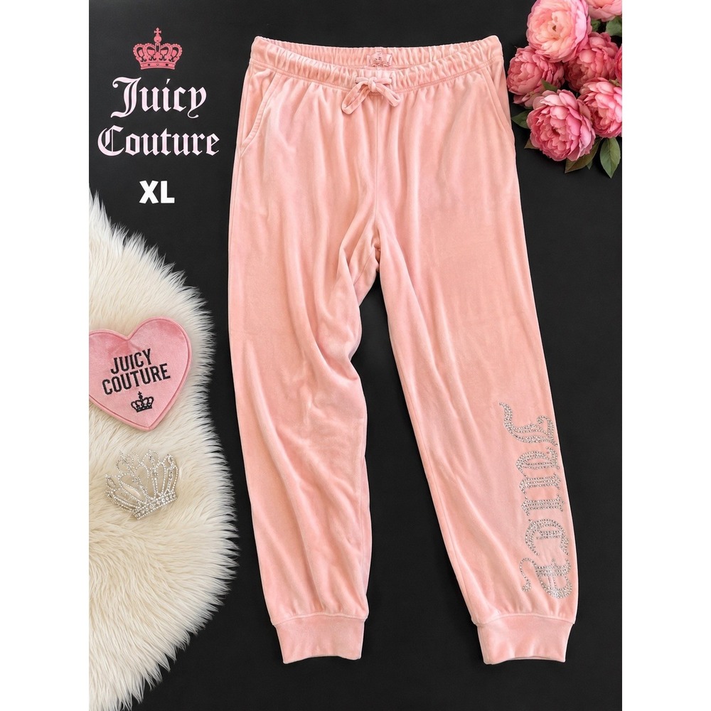 Juicy Couture Pink Velour Pajama Pants XL Rhinestone Logo Y2K Sleepwear Joggers